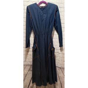 J. Ellis Blue Denim Vintage Button Front Midi Dress Women Size 10 Orange Trim